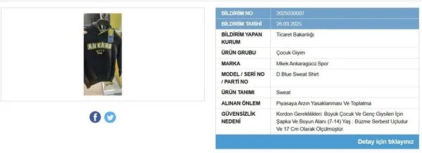 ticaret bakanlığı Ankaragücü çocuk giyim kıyafeti neden toplatılıyor