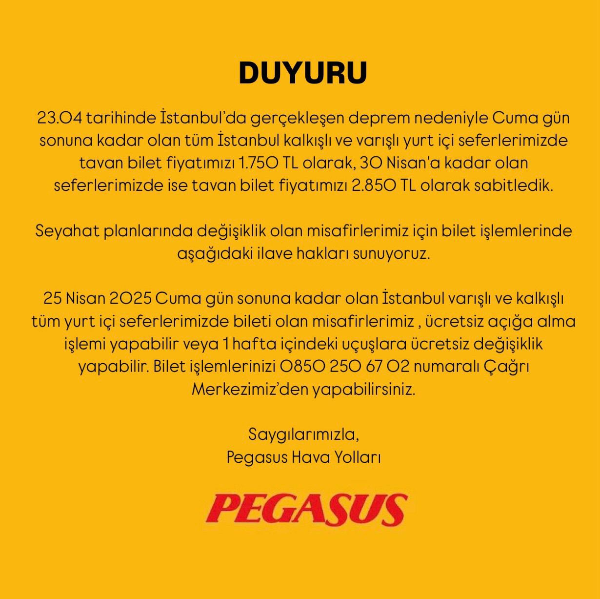 deprem sonrası pegasus bilet fiyatları nisan 2025