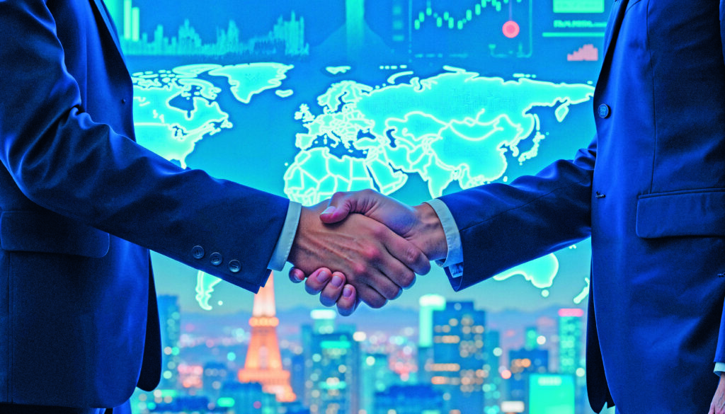 business handshake with world map background