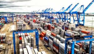 cranes and containers at international logistics center port