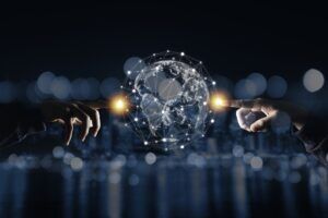 hand touching virtual world with connection network