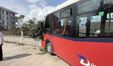 Düzce’de köpeklere çarpmamak için manevra yapan halk otobüsü bahçe duvarına çarptı
