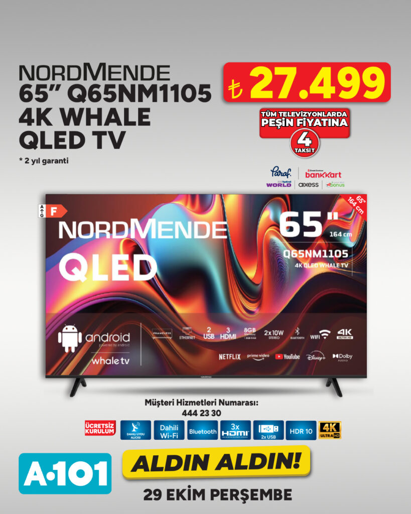A101'de teknoloji fırsatları! Televizyon fiyatları 10 bin 499 TL'den başlıyor 3 A101 29 Ekim teknoloji ürünleri listesi belli oldu. 65 inç televizyonlar, beyaz eşyalar ve küçük ev aletlerinin fiyatları açıklandı. İşte ürünler.
