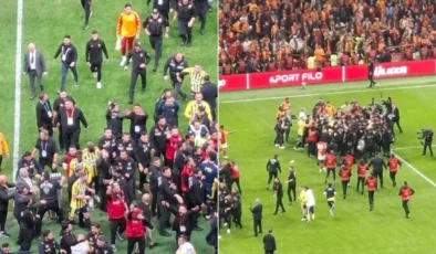 Derbi sonrası saha savaş alanına döndü polisin araya girdiği kavgada kırmızı kartlar havada uçuştu